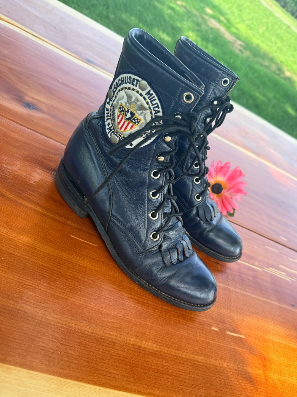 Black Lace-Up Combat Boots with Patch Detail